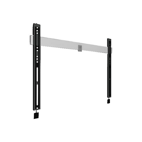 Eine TV-Wandhalterung mit zwei vertikalen schwarzen Schienen an einer horizontalen silbernen Befestigungsschiene.