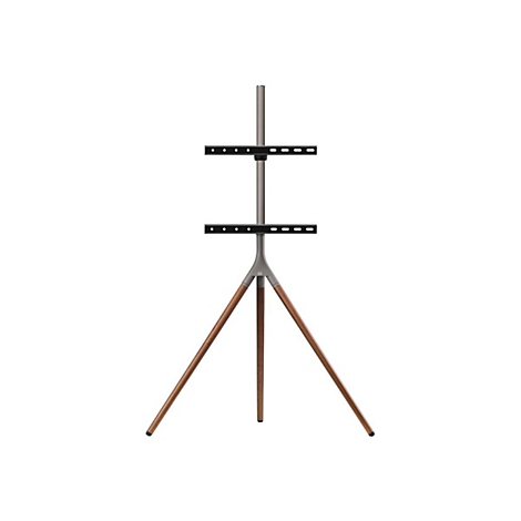 Moderner TV-Ständer mit Holzbeinen in Stativoptik vor weißem Hintergrund.