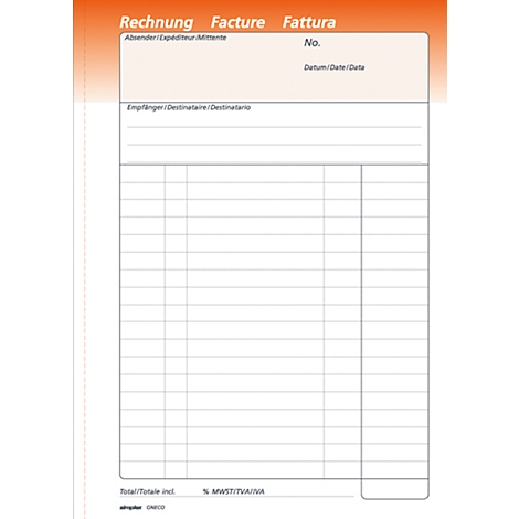A blank invoice with the words Rechnung, Facture, and Fattura in orange and white. Various fields are provided for sender, recipient, and details.