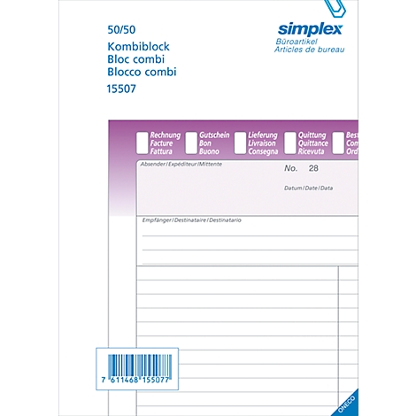 Combined block with invoice and voucher options, barcode at the bottom, brand name in the upper right.