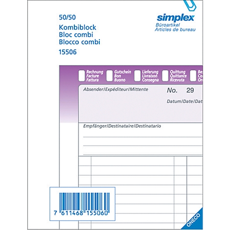 A combo block with the "simplex" logo. "50/50 Kombiblock" is at the top left.