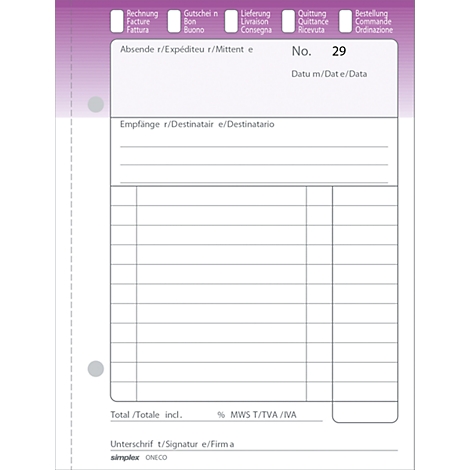 A white form with purple accents, headings in multiple languages, and a grid of tables. The text includes 'Invoice', 'No. 29', and 'Signature'.