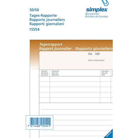 A white daily report booklet with a blue Simplex logo and information. The booklet has tables and a barcode.