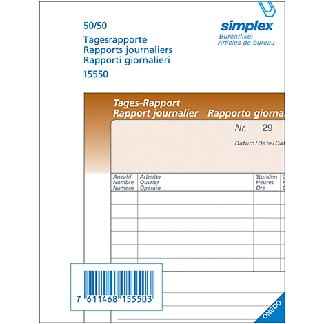 White daily report form with text in German, French, and Italian. Barcode in the lower left.