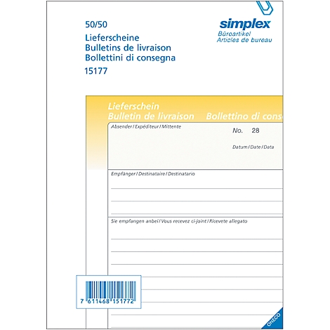 White delivery form with yellow section. Text in German, French, and Italian. Barcode in the bottom left.