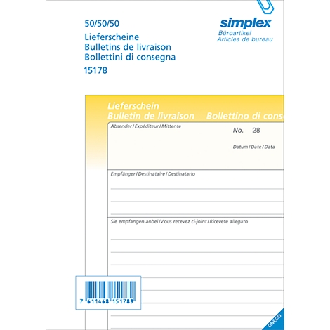 A white delivery note with a blue barcode and the Simplex brand.