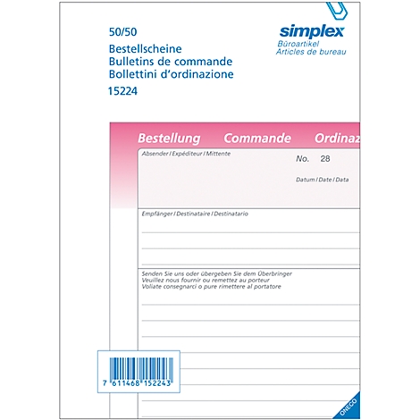 Order form with multilingual titles, pink frame, barcode and logo.