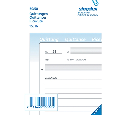 Receipt book with blue lettering. At the top is "receipt". Below is a barcode and the "simplex" logo.