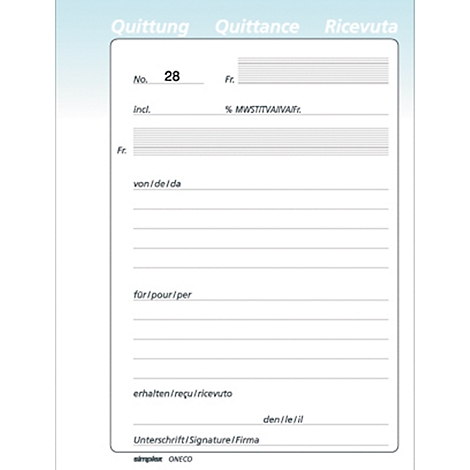 A white receipt form with grey lines and text. The words "Quittung", "Quittance" and "Ricevuta" are at the top. The form includes terms such as "No. 28", "Fr.", "incl.", "von/de/da", "für/pour/per" and "erhalten/reçu/ricevuto".