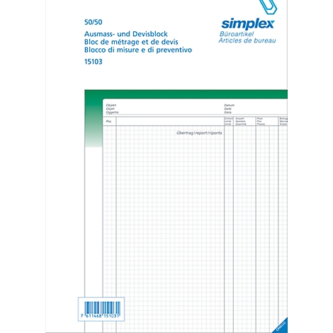 White checkered paper with text: Ausmass- und Devisblock. The Simplex logo is at the top right. A barcode at the bottom.