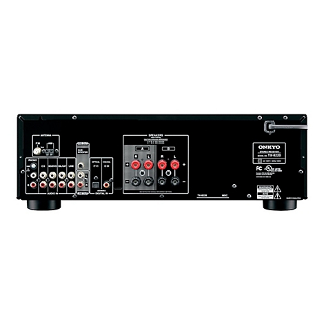Rückseite des Onkyo TX-8220 Stereo-Receivers mit verschiedenen Audio-Anschlüssen, Lautsprecherklemmen und Antennen-Eingängen.