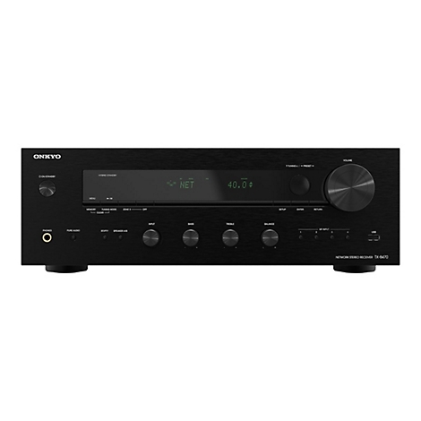Schwarzer Onkyo Netzwerk-Stereo-Receiver TX-8470 von vorne mit Display, Lautstärkeregler und Anschlüssen.