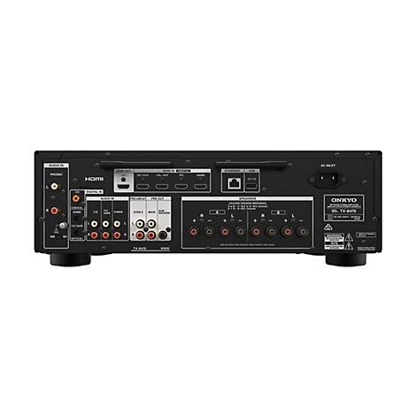 Rückseite des Onkyo TX-8470 Verstärkers mit zahlreichen Anschlüssen wie HDMI, Cinch, Ethernet und Lautsprecherklemmen.