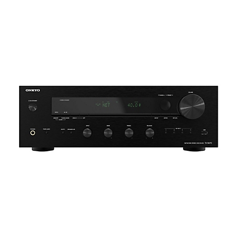 Schwarzer Onkyo Netzwerk-Stereo-Receiver TX-8470 von vorne mit Display und Drehreglern.