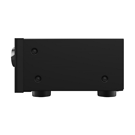 Seitliche Ansicht eines schwarzen HiFi-Verstärkers mit zwei Standfüßen auf weißem Hintergrund.