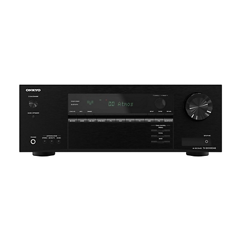 Schwarzer Onkyo AV-Receiver TX-SR3100DAB mit digitalem Display und Drehregler auf weißem Hintergrund.
