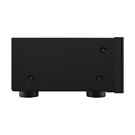 Seitliche Ansicht eines schwarzen HiFi-Geräts mit drei sichtbaren Schrauben und zwei Standfüßen.