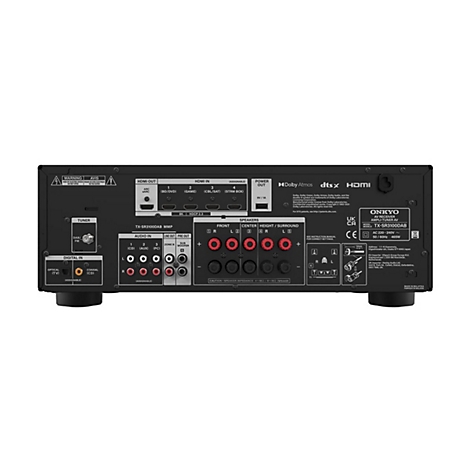 Rückseite eines Onkyo AV-Receivers mit verschiedenen Anschlüssen wie HDMI, Audio-Eingängen und Lautsprecherklemmen.