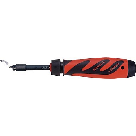 Gereedschap met rode handgreep en gebogen metalen punt. Op de handgreep staat MANGOLL SHAVI.