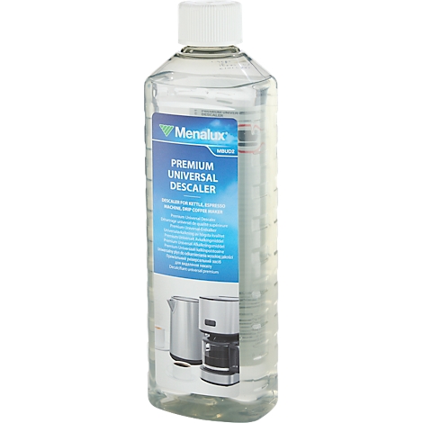 Een fles Menalux Premium Universal Descaler. Op het etiket staat 'Ontkalker voor koffiemachine' en een afbeelding van een koffiezetapparaat.