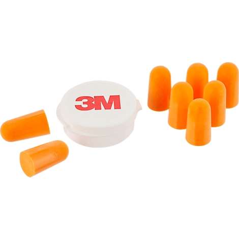 Oranje oordopjes en een doosje met 3M-logo.