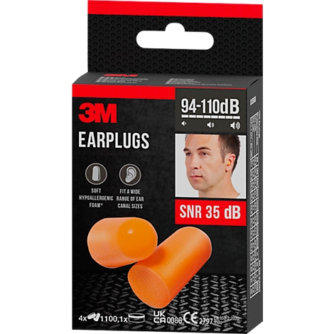 Oranje oordopjes voor een productverpakking. De verpakking toont productinformatie en een afbeelding van een man.
