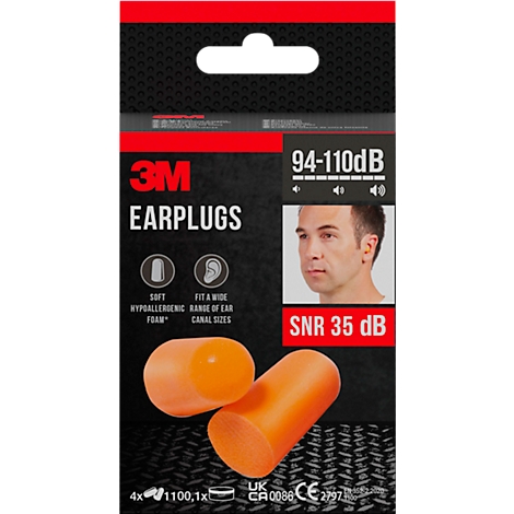 Verpakking van oranje 3M oordopjes, SNR 35 dB, met illustraties en teksten.