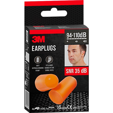 Een verpakking van 3M oordopjes toont twee oranje pluggen. Daaronder staat SNR 35 dB. 3M EARPLUGS staat op de verpakking.