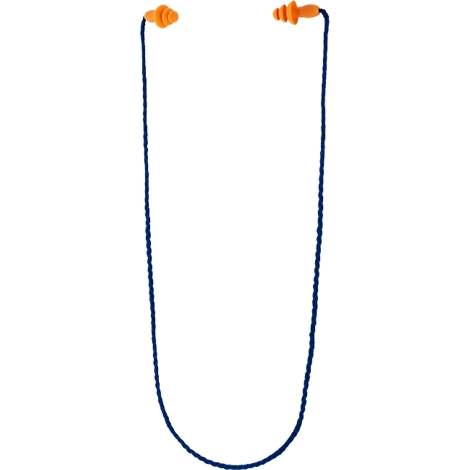 Oranje oordopjes met een blauw koord. Ze worden individueel getoond tegen een witte achtergrond.