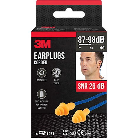 Verpakking van 3M oordopjes, oranje oordopjes met een blauw koord. Teksten op de verpakking: "EARPLUGS CORDED", "SNR 26 dB".