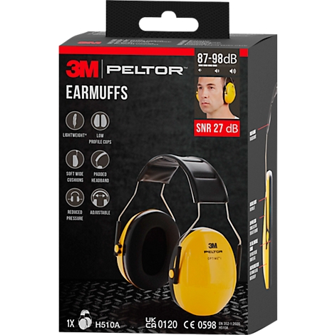 3M Peltor gehoorbeschermers, geel en zwart, afgebeeld op verpakking.