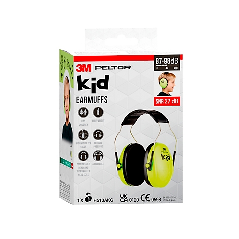 Felgroene gehoorbescherming met zwarte hoofdband. Op de oorschelpen staat "3M Peltor kid".