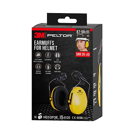 Gele 3M Peltor oorbeschermers voor helmen op een zwarte verpakking. "EARMUFFS FOR HELMET" staat bovenaan.