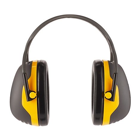 Zwarte koptelefoon met gele oorschelpen in een doos. Opdruk: 3M PELTOR, SNR 31 dB.