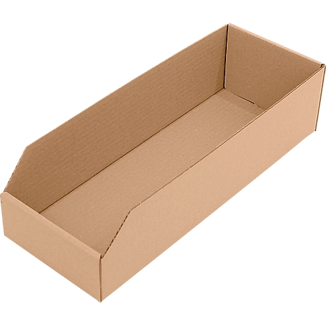 Bruine open kartonnen doos met schuine zijwanden.