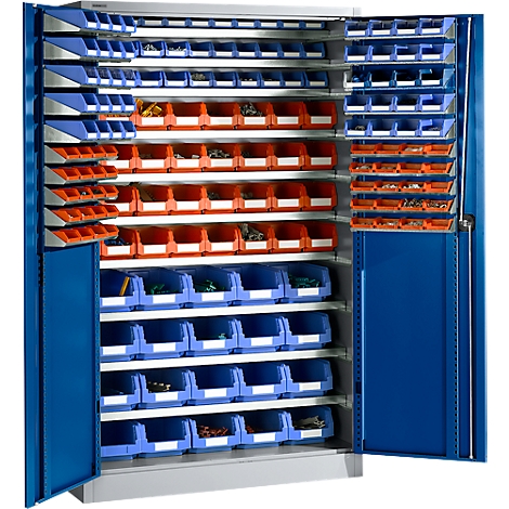 Blauwe kast met open deuren, gevuld met blauwe en oranje containers. Bevat gereedschap.