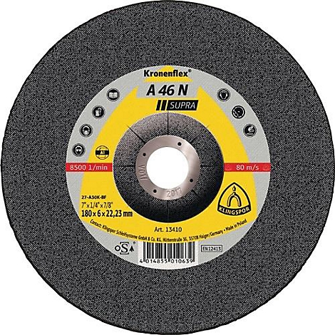 Grijze, ronde slijpschijf met gele en witte belettering. Opschrift: Kronenflex A 46 N Supra, 8500 1/min, 80 m/s, Art. 13410.