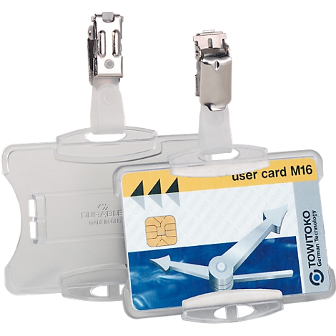 Two transparent ID holders with clip attachments, one contains a card with a chip and print: user card M16.