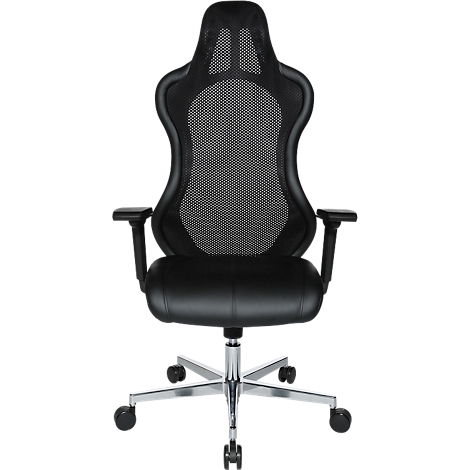 Black office chair with mesh back and leather seat. Five wheels on the chrome base.