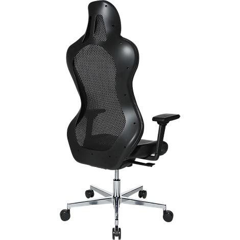 Back view of a black office chair with mesh back, armrests, and silver base.