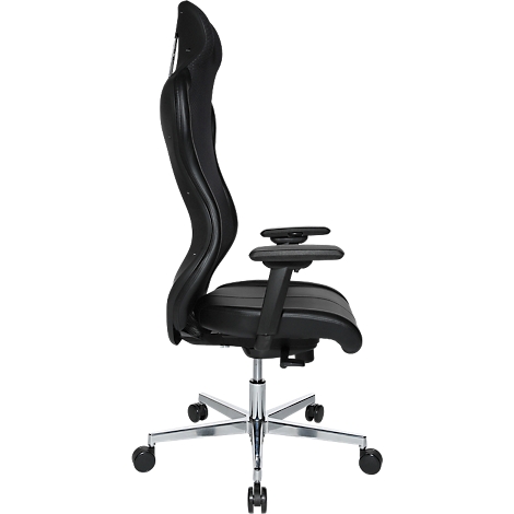 Profile of a black office chair: backrest, armrests, and chrome frame with castors.