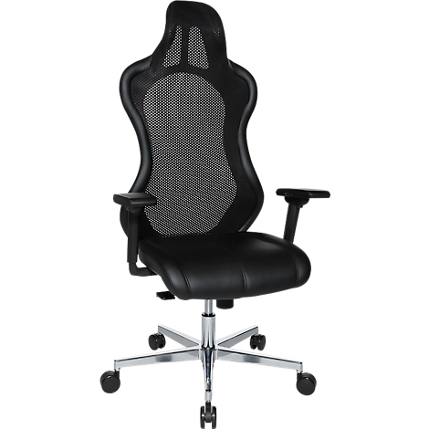 Black office chair with mesh back and padded seat, chrome base, armrests.