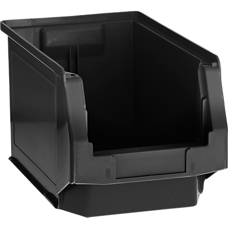 Black plastic bin with open top. The bin has a rectangular shape and a slightly sloping front.