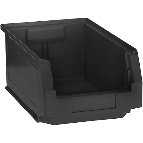 Black, empty storage bin with open top. The box has a rectangular shape with slightly rounded corners.