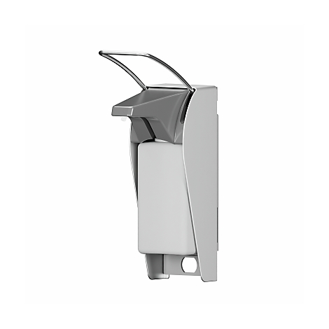 Wandmontierter silberner Seifenspender aus Metall mit einem langen Hebel zur Bedienung.