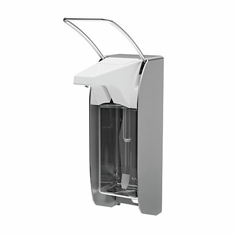 Wandspender für Desinfektionsmittel oder Seife in Silber mit weißem Kopf und langem Metallbügel.