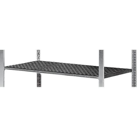 Detail van een zwarte geperforeerde plank ondersteund door metalen stutten.