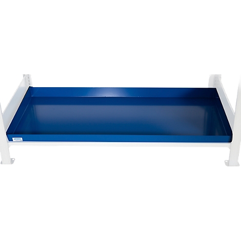 Blau stalen bak in een wit frame. De bak is rechthoekig en glanzend.