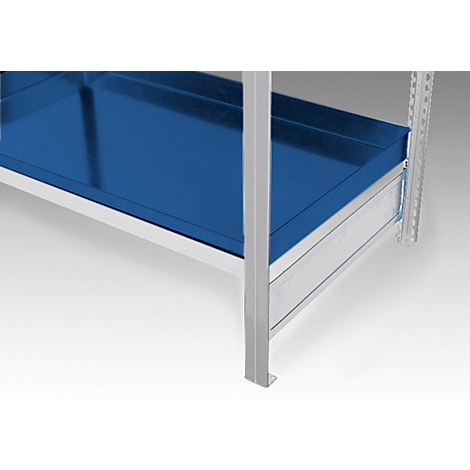 Close-up van een plank met een blauwe plank en zilveren metalen steunen.