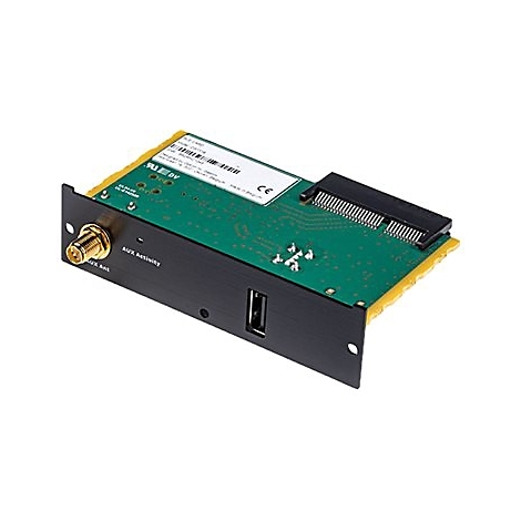 Elektronikkarte mit grüner Platine, schwarzem Gehäuse, USB-Anschluss und Antennenanschluss.